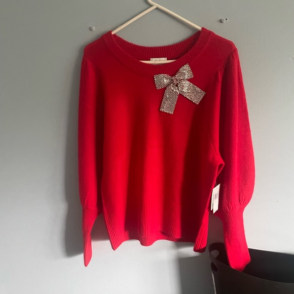CeCe Sweaters - CeCe Red Sweater with Silver Bow Detail